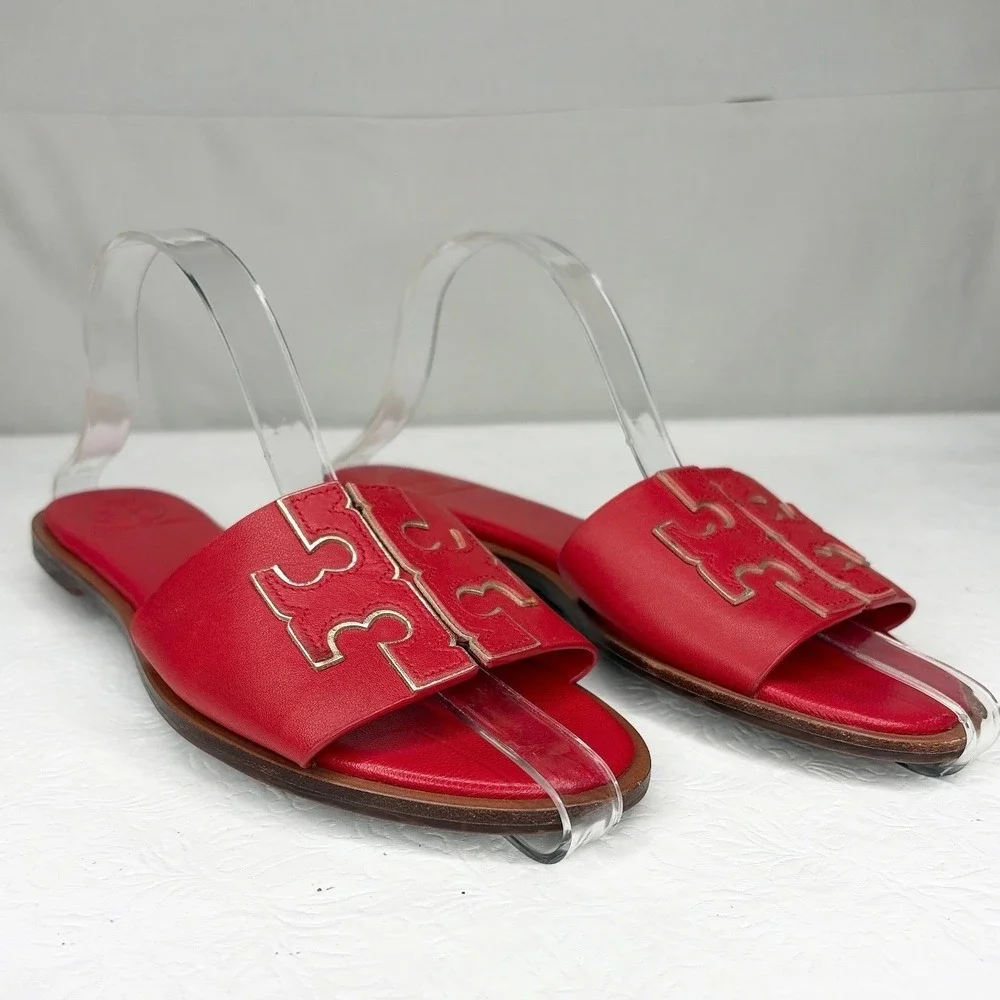 Tory Burch Ines‎ Slide Sandals Red Leather Gold Trim Logo Flats 6.5